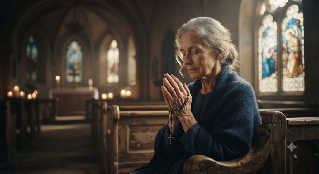 Manos en oración con luz celestial
