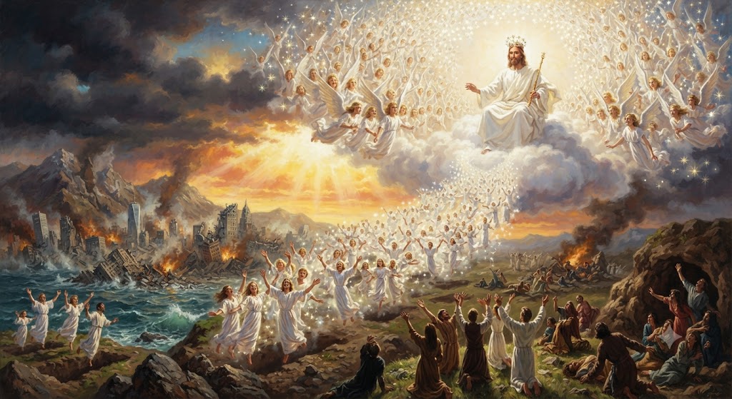 Jesús regresando en las nubes con ángeles
